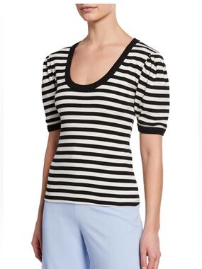 Veronica Beard Black & White Striped Scoop Neck Short Sleeve Top